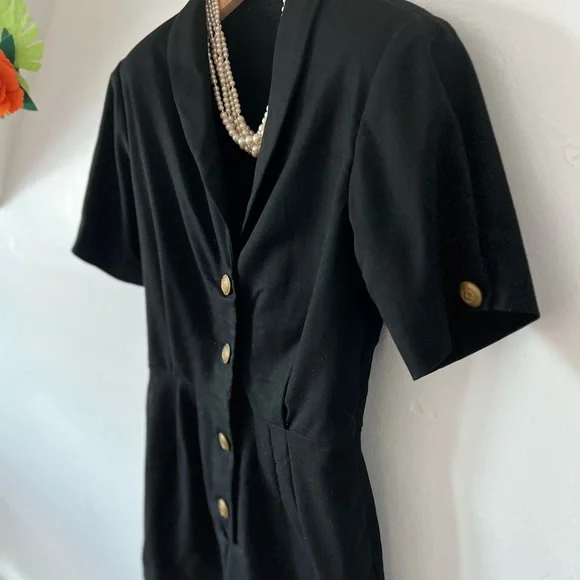 VTG MINT 90s tailored black romper suit gold buttons collar shoulder pads custom